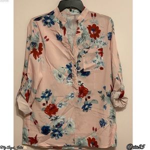 Floral Pink Casual Stand Collar Long, Half Sleeve Women’s Blouses Size: Medium